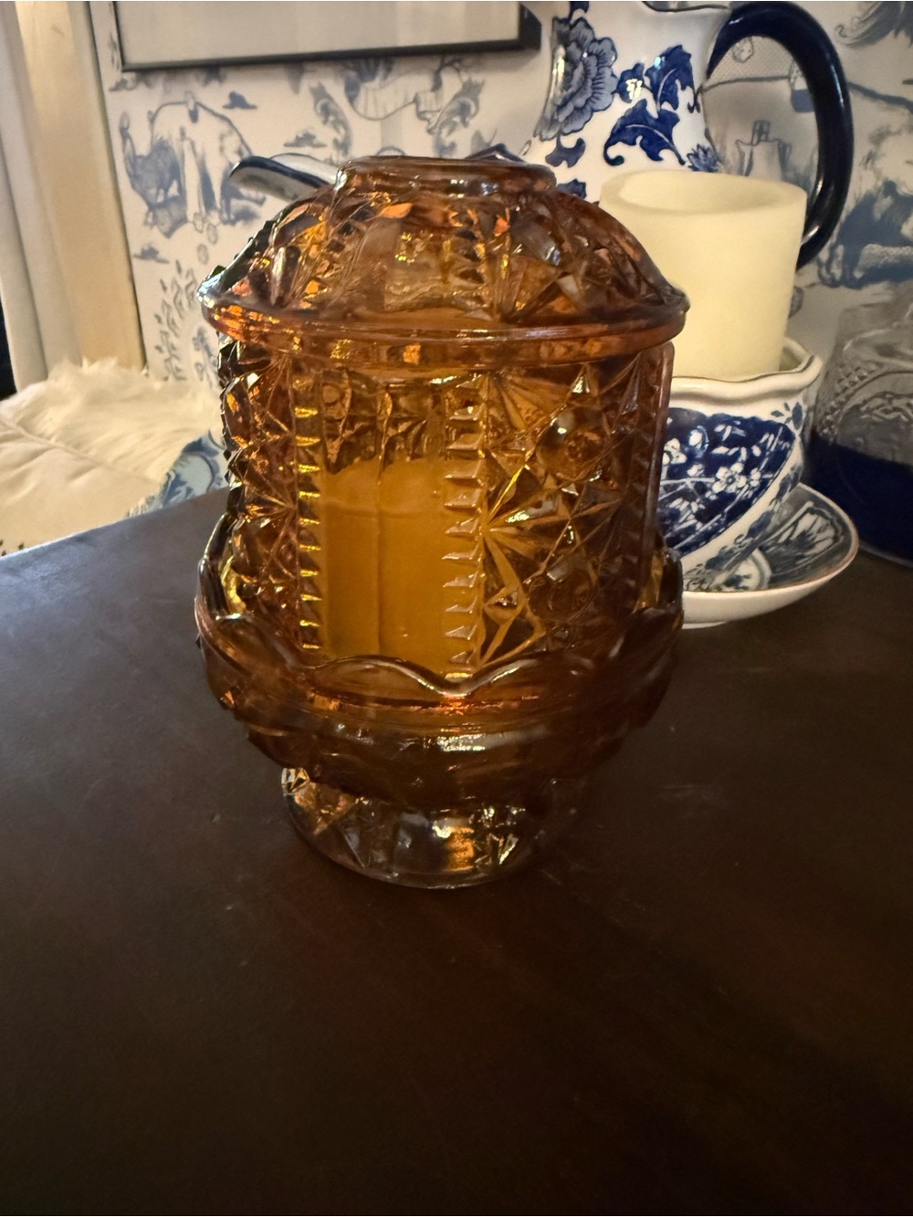 Vintage Amber stars and bars fairy lamp by Indiana glass.